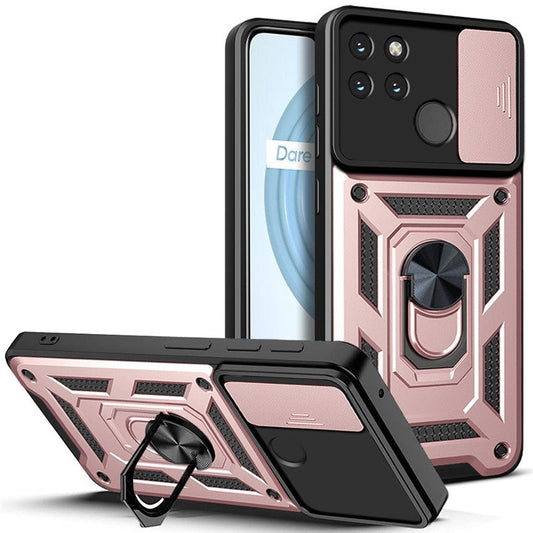 Anti-fall Phone Case Camera Slide Cover PC + TPU Hybrid Protective Shell with Ring Kickstand for Realme C21Y - Rose Gold