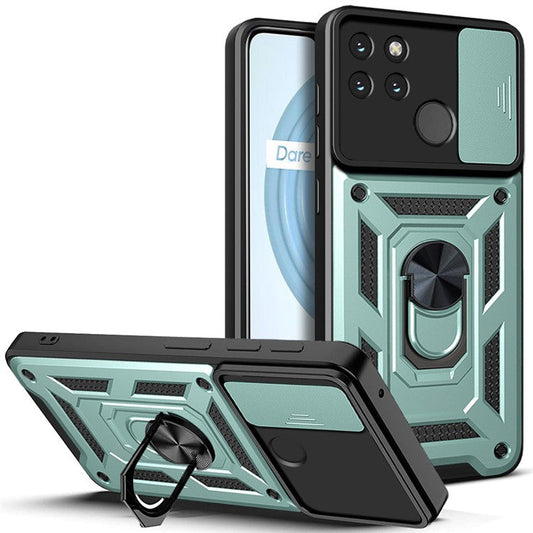 Anti-fall Phone Case Camera Slide Cover PC + TPU Hybrid Protective Shell with Ring Kickstand for Realme C21Y - Green