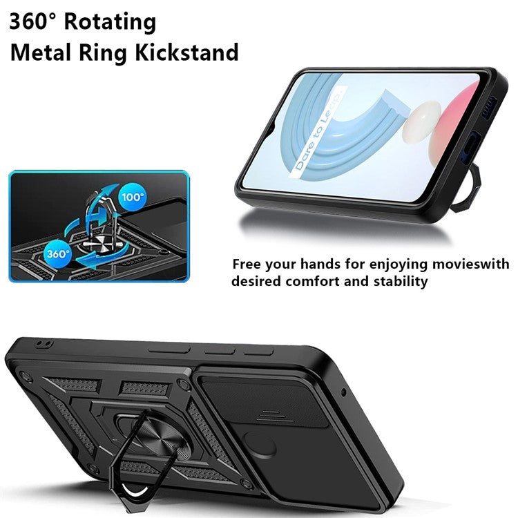 Anti-fall Phone Case Camera Slide Cover PC + TPU Hybrid Protective Shell with Ring Kickstand for Realme C21Y - Green