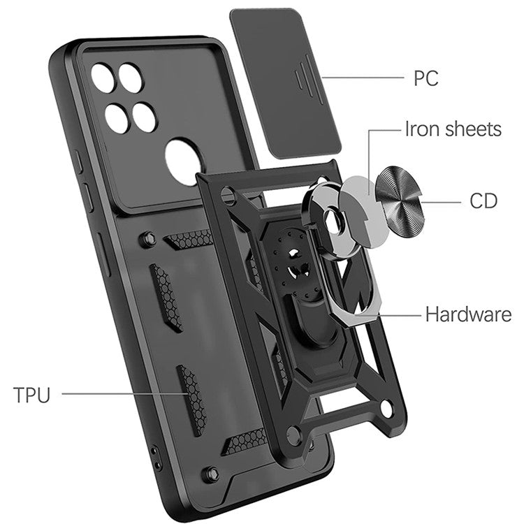 Anti-fall Phone Case Camera Slide Cover PC + TPU Hybrid Protective Shell with Ring Kickstand for Realme C21Y - Green