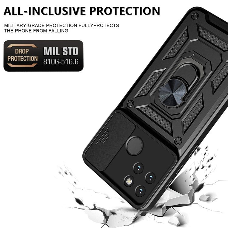 Anti-fall Phone Case Camera Slide Cover PC + TPU Hybrid Protective Shell with Ring Kickstand for Realme C21Y - Green