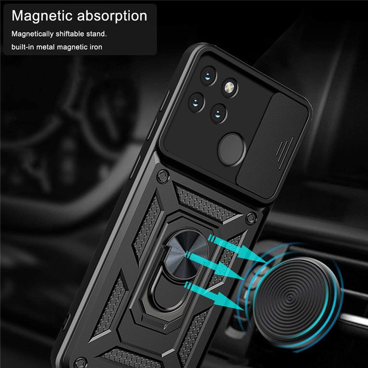 Anti-fall Phone Case Camera Slide Cover PC + TPU Hybrid Protective Shell with Ring Kickstand for Realme C21Y - Green