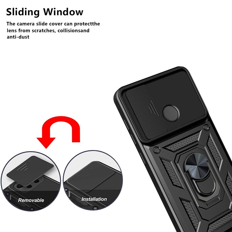 Anti-fall Phone Case Camera Slide Cover PC + TPU Hybrid Protective Shell with Ring Kickstand for Realme C21Y - Green