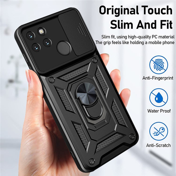 Anti-fall Phone Case Camera Slide Cover PC + TPU Hybrid Protective Shell with Ring Kickstand for Realme C21Y - Green