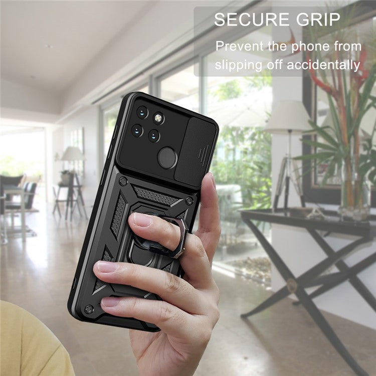 Anti-fall Phone Case Camera Slide Cover PC + TPU Hybrid Protective Shell with Ring Kickstand for Realme C21Y - Green