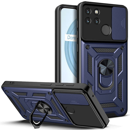 Anti-fall Phone Case Camera Slide Cover PC + TPU Hybrid Protective Shell with Ring Kickstand for Realme C21Y - Blue