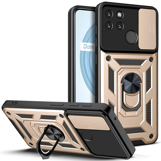 Anti-fall Phone Case Camera Slide Cover PC + TPU Hybrid Protective Shell with Ring Kickstand for Realme C21Y - Gold