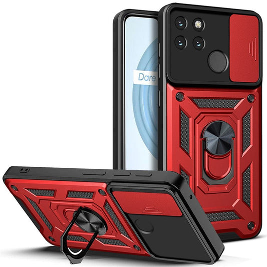 Anti-fall Phone Case Camera Slide Cover PC + TPU Hybrid Protective Shell with Ring Kickstand for Realme C21Y - Red