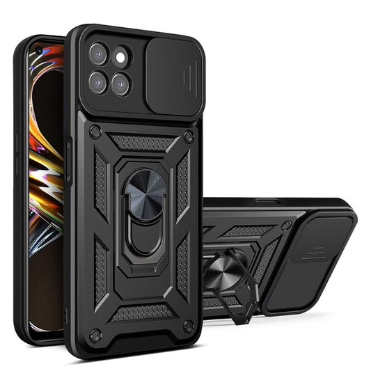 Ring Kickstand Design Phone Case Camera Slide Cover PC + TPU Drop-proof Hybrid Phone Protector for Realme 8i/Narzo 50 4G - Black