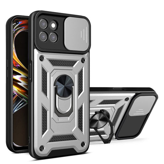 Ring Kickstand Design Phone Case Camera Slide Cover PC + TPU Drop-proof Hybrid Phone Protector for Realme 8i/Narzo 50 4G - Silver