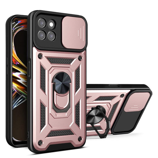 Ring Kickstand Design Phone Case Camera Slide Cover PC + TPU Drop-proof Hybrid Phone Protector for Realme 8i/Narzo 50 4G - Rose Gold