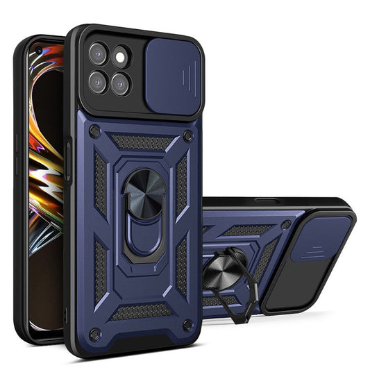 Ring Kickstand Design Phone Case Camera Slide Cover PC + TPU Drop-proof Hybrid Phone Protector for Realme 8i/Narzo 50 4G - Blue