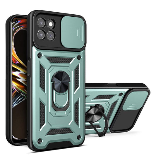 Ring Kickstand Design Phone Case Camera Slide Cover PC + TPU Drop-proof Hybrid Phone Protector for Realme 8i/Narzo 50 4G - Green