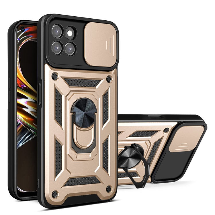 Ring Kickstand Design Phone Case Camera Slide Cover PC + TPU Drop-proof Hybrid Phone Protector for Realme 8i/Narzo 50 4G - Gold