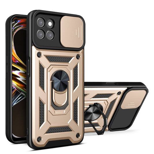Ring Kickstand Design Phone Case Camera Slide Cover PC + TPU Drop-proof Hybrid Phone Protector for Realme 8i/Narzo 50 4G - Gold