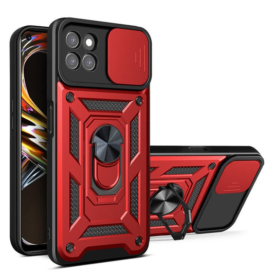 Ring Kickstand Design Phone Case Camera Slide Cover PC + TPU Drop-proof Hybrid Phone Protector for Realme 8i/Narzo 50 4G - Red