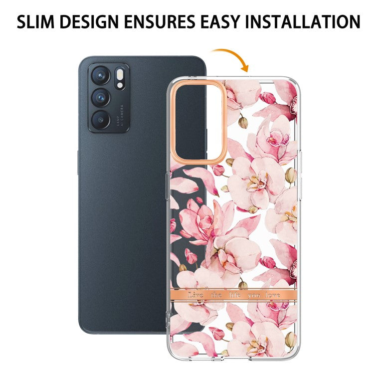 LB5 Series Flower Pattern IMD IML Electroplating TPU Case Scratch-resistant Phone Shell for Oppo Reno6 5G - HC005 Pink Gardenia