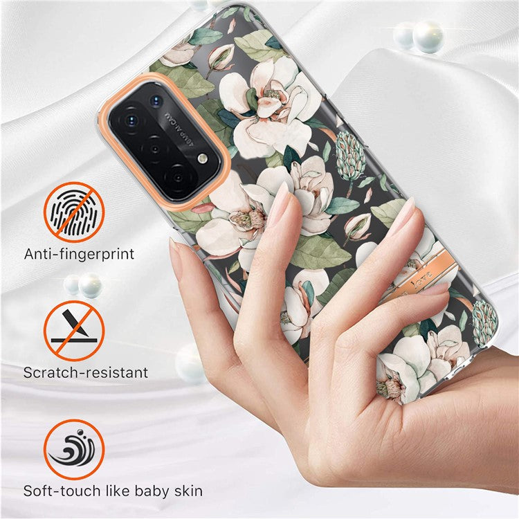 LB5 Series Flower Pattern Fingerprint-free Anti-scratch Phone Case IMD IML Electroplating TPU Shell for Oppo A74 5G/A93 5G/A54 5G/A93s 5G - HC001 Green Gardenia