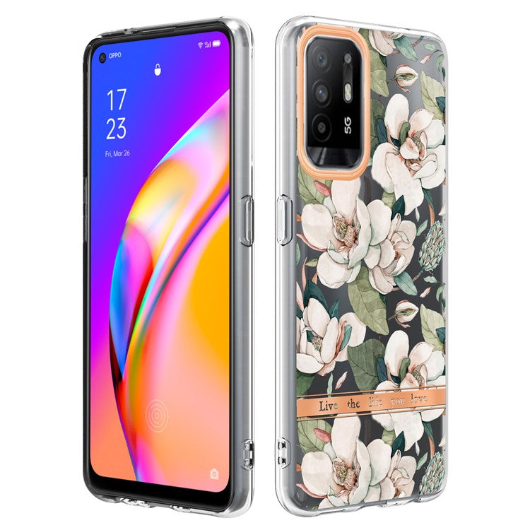 LB5 Series Flower Pattern Anti-fingerprint Mobile Phone Back Case IMD IML Electroplating TPU Cover for Oppo A94 5G - HC001 Green Gardenia