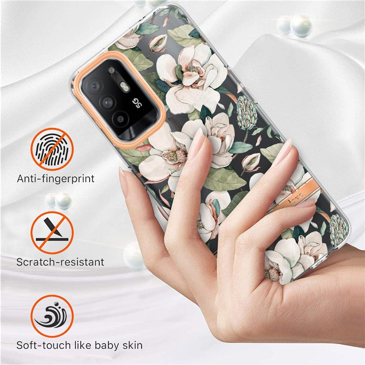 LB5 Series Flower Pattern Anti-fingerprint Mobile Phone Back Case IMD IML Electroplating TPU Cover for Oppo A94 5G - HC001 Green Gardenia