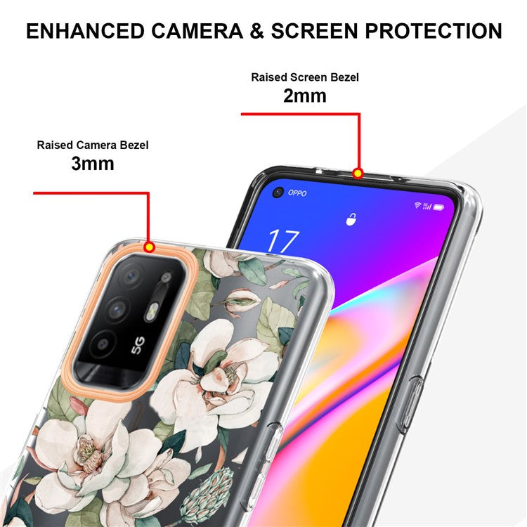 LB5 Series Flower Pattern Anti-fingerprint Mobile Phone Back Case IMD IML Electroplating TPU Cover for Oppo A94 5G - HC001 Green Gardenia