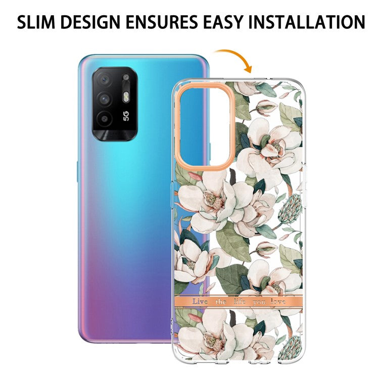 LB5 Series Flower Pattern Anti-fingerprint Mobile Phone Back Case IMD IML Electroplating TPU Cover for Oppo A94 5G - HC001 Green Gardenia