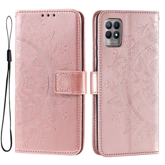 Mandala Flower Imprinted All-round Shockproof Stand Wallet Leather Phone Case Shell for Realme 8i/Narzo 50 4G - Rose Gold