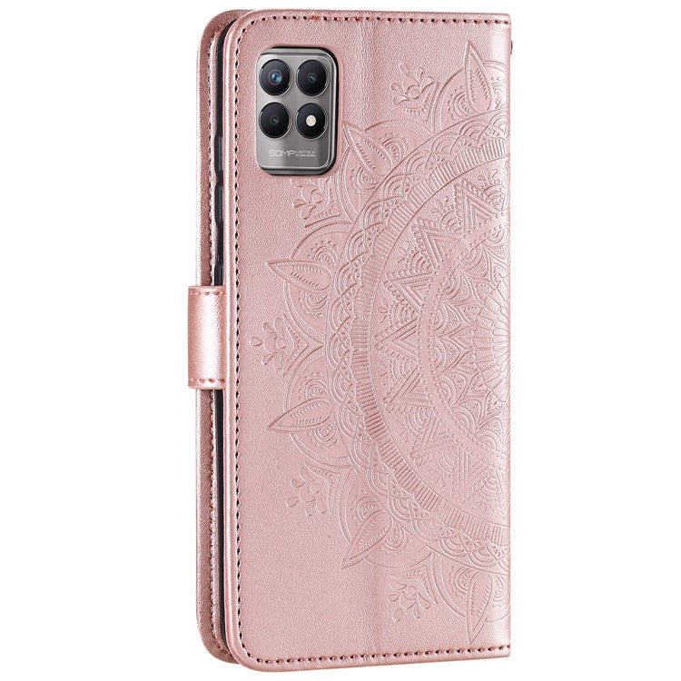 Mandala Flower Imprinted All-round Shockproof Stand Wallet Leather Phone Case Shell for Realme 8i/Narzo 50 4G - Rose Gold
