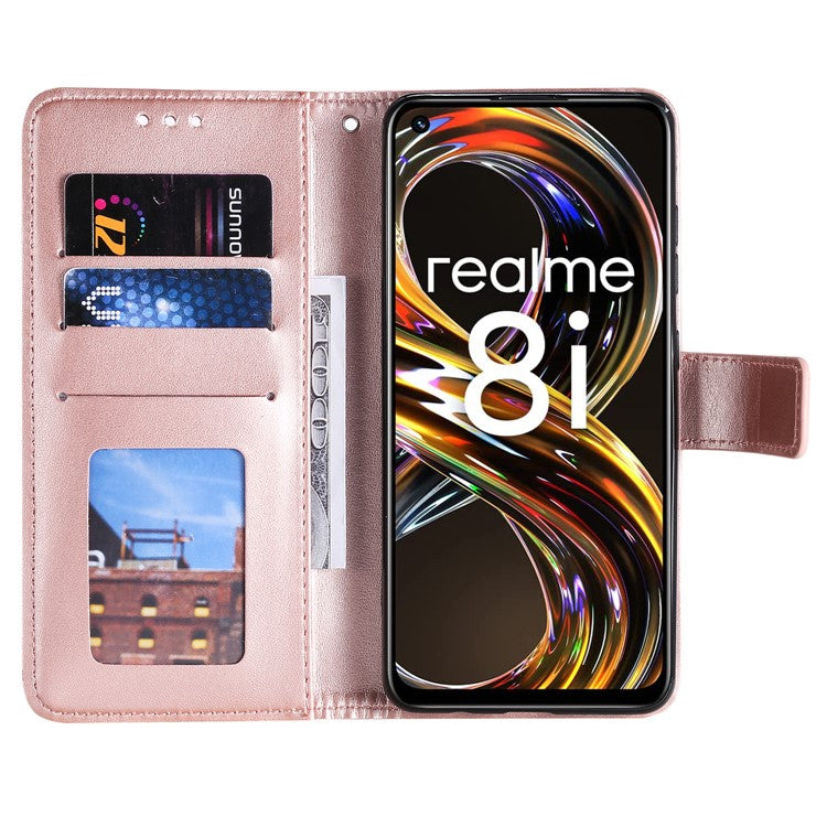 Mandala Flower Imprinted All-round Shockproof Stand Wallet Leather Phone Case Shell for Realme 8i/Narzo 50 4G - Rose Gold
