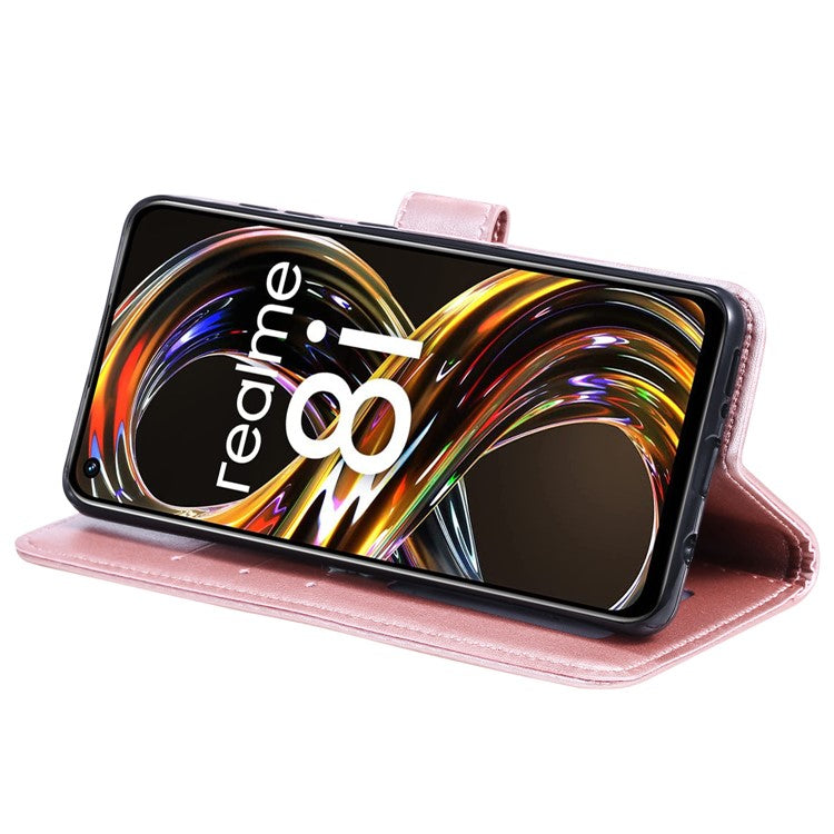 Mandala Flower Imprinted All-round Shockproof Stand Wallet Leather Phone Case Shell for Realme 8i/Narzo 50 4G - Rose Gold