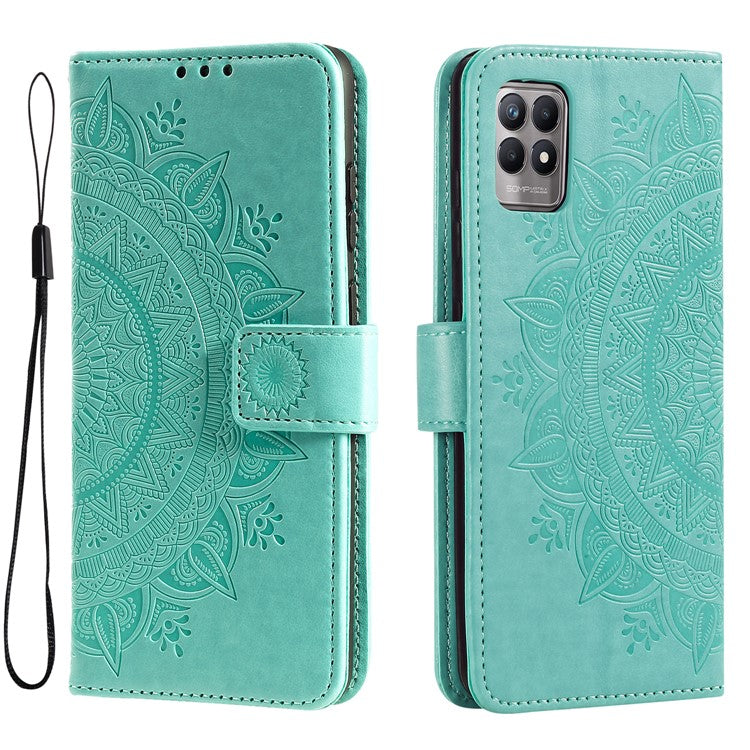 Mandala Flower Imprinted All-round Shockproof Stand Wallet Leather Phone Case Shell for Realme 8i/Narzo 50 4G - Green