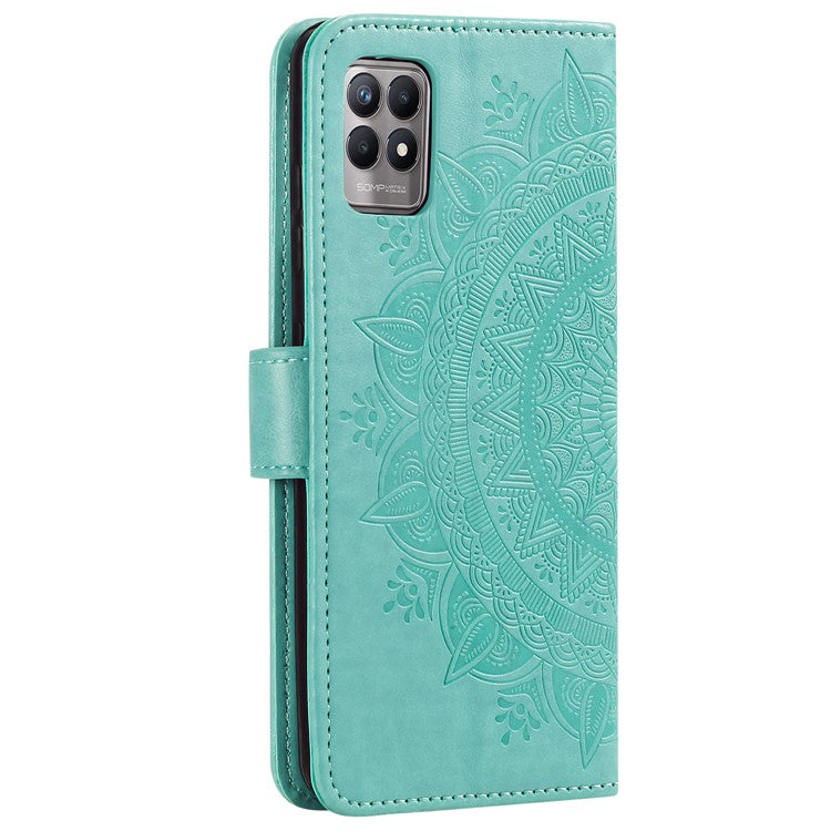 Mandala Flower Imprinted All-round Shockproof Stand Wallet Leather Phone Case Shell for Realme 8i/Narzo 50 4G - Green