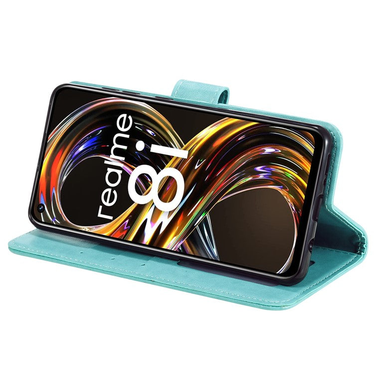 Mandala Flower Imprinted All-round Shockproof Stand Wallet Leather Phone Case Shell for Realme 8i/Narzo 50 4G - Green