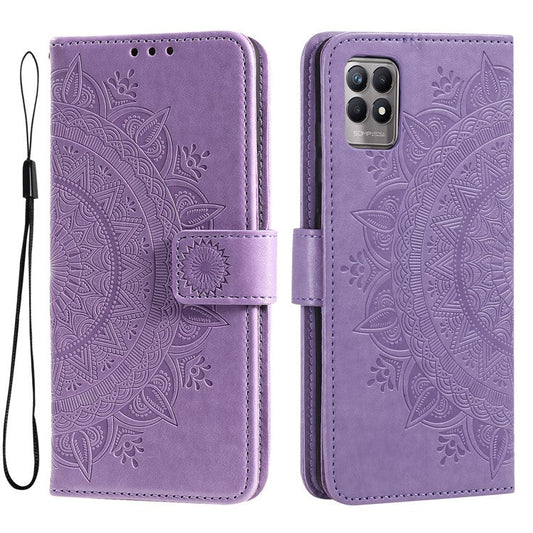 Mandala Flower Imprinted All-round Shockproof Stand Wallet Leather Phone Case Shell for Realme 8i/Narzo 50 4G - Purple