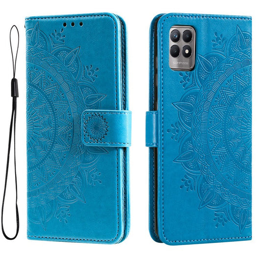 Mandala Flower Imprinted All-round Shockproof Stand Wallet Leather Phone Case Shell for Realme 8i/Narzo 50 4G - Blue