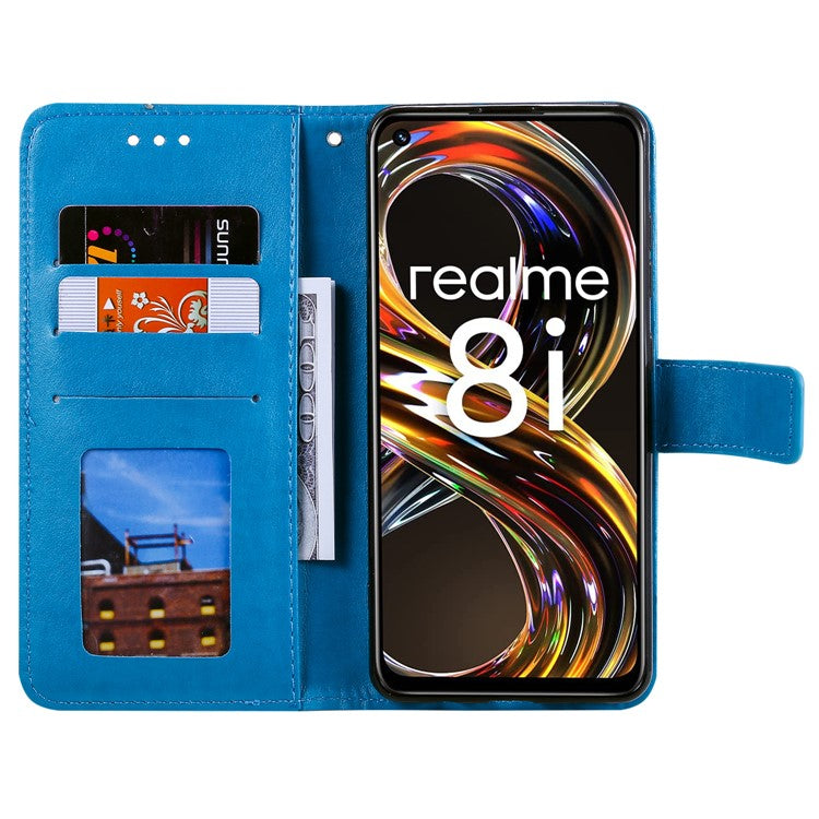 Mandala Flower Imprinted All-round Shockproof Stand Wallet Leather Phone Case Shell for Realme 8i/Narzo 50 4G - Blue