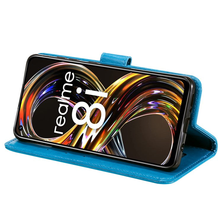 Mandala Flower Imprinted All-round Shockproof Stand Wallet Leather Phone Case Shell for Realme 8i/Narzo 50 4G - Blue