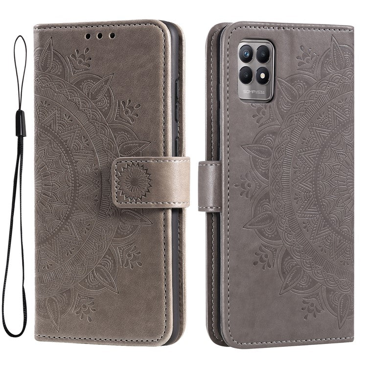 Mandala Flower Imprinted All-round Shockproof Stand Wallet Leather Phone Case Shell for Realme 8i/Narzo 50 4G - Grey