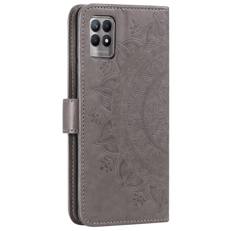 Mandala Flower Imprinted All-round Shockproof Stand Wallet Leather Phone Case Shell for Realme 8i/Narzo 50 4G - Grey