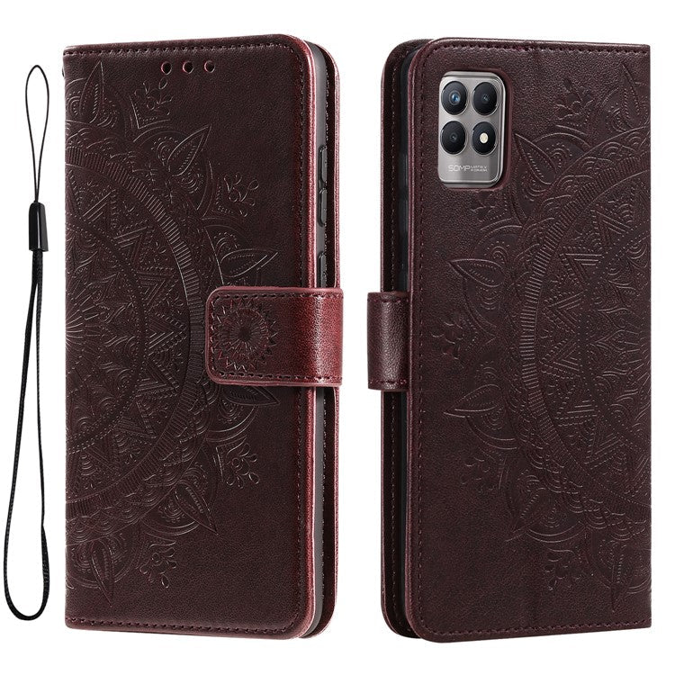 Mandala Flower Imprinted All-round Shockproof Stand Wallet Leather Phone Case Shell for Realme 8i/Narzo 50 4G - Brown