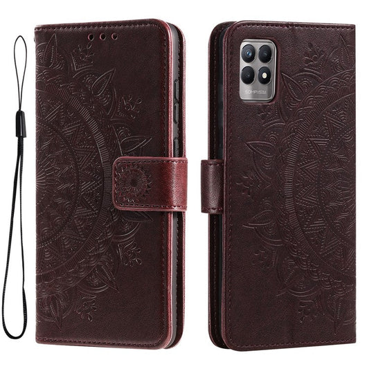 Mandala Flower Imprinted All-round Shockproof Stand Wallet Leather Phone Case Shell for Realme 8i/Narzo 50 4G - Brown