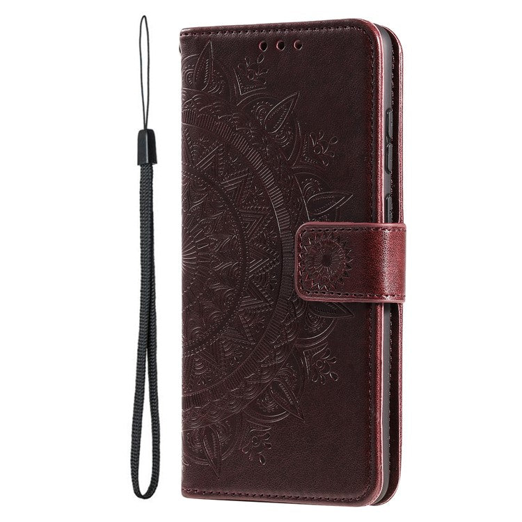 Mandala Flower Imprinted All-round Shockproof Stand Wallet Leather Phone Case Shell for Realme 8i/Narzo 50 4G - Brown