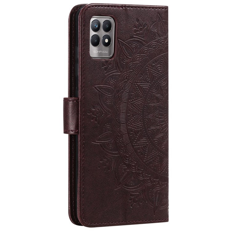 Mandala Flower Imprinted All-round Shockproof Stand Wallet Leather Phone Case Shell for Realme 8i/Narzo 50 4G - Brown