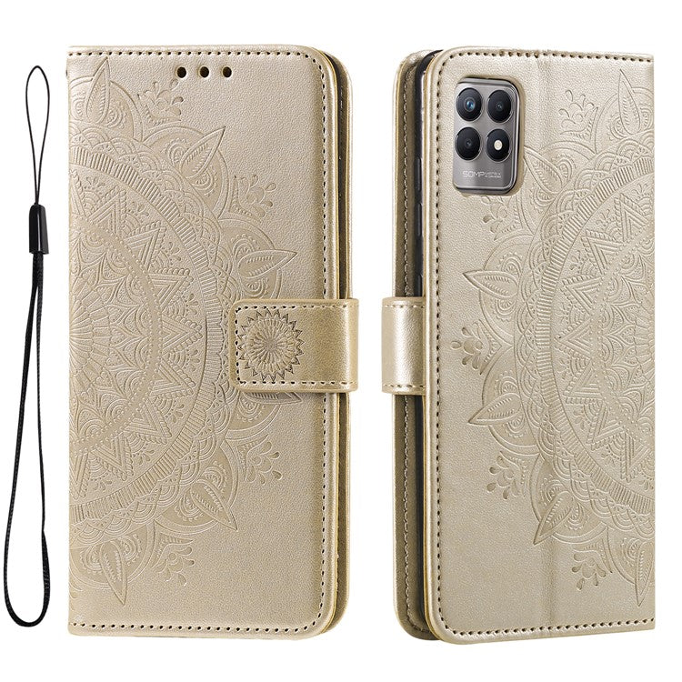 Mandala Flower Imprinted All-round Shockproof Stand Wallet Leather Phone Case Shell for Realme 8i/Narzo 50 4G - Gold