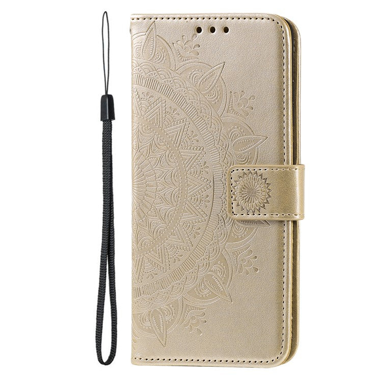 Mandala Flower Imprinted All-round Shockproof Stand Wallet Leather Phone Case Shell for Realme 8i/Narzo 50 4G - Gold