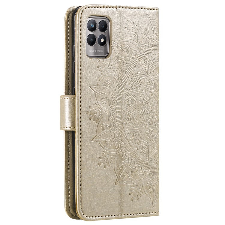 Mandala Flower Imprinted All-round Shockproof Stand Wallet Leather Phone Case Shell for Realme 8i/Narzo 50 4G - Gold