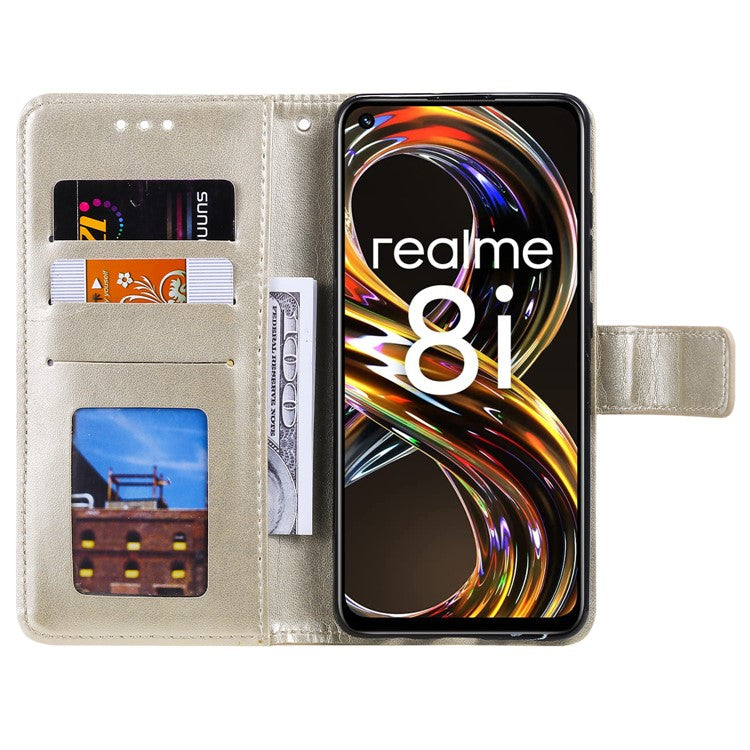 Mandala Flower Imprinted All-round Shockproof Stand Wallet Leather Phone Case Shell for Realme 8i/Narzo 50 4G - Gold