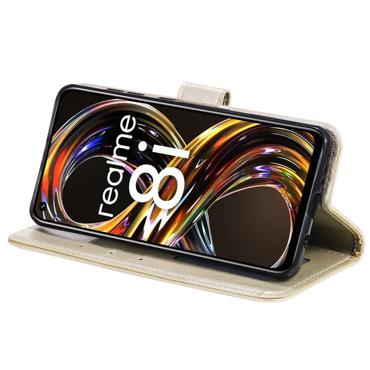 Mandala Flower Imprinted All-round Shockproof Stand Wallet Leather Phone Case Shell for Realme 8i/Narzo 50 4G - Gold