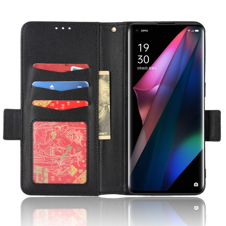 Stand Feature Litchi Texture PU Leather Wallet Flip Cover TPU Shockproof Interior Case for Oppo Find X3 / Find X3 Pro - Black