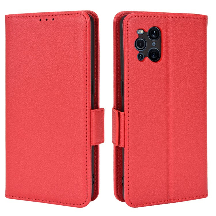 Stand Feature Litchi Texture PU Leather Wallet Flip Cover TPU Shockproof Interior Case for Oppo Find X3 / Find X3 Pro - Red